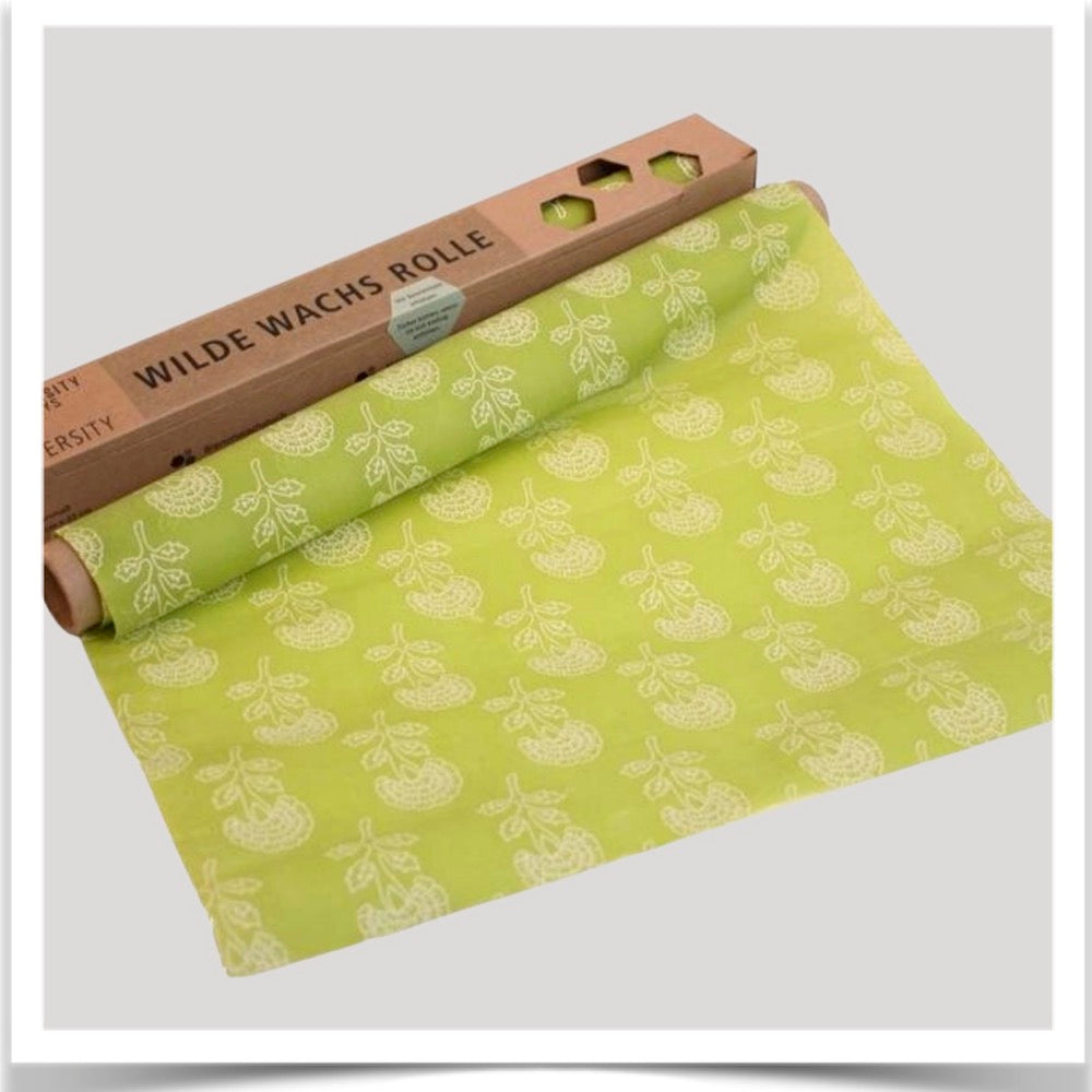 Wild wax wraps roll in botanical green print at Prairie Road Organic Seed