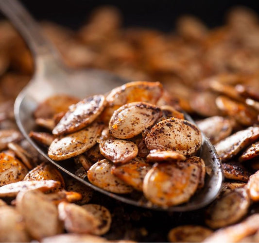 Serving seasoned and roasted squash seeds at Prairie Road Organic Seed