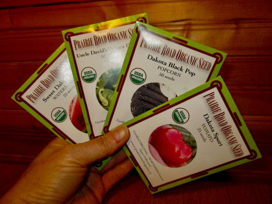 Prairie Road Organic Seed packets of Prairie Road originals-- varieties bred on our farm!