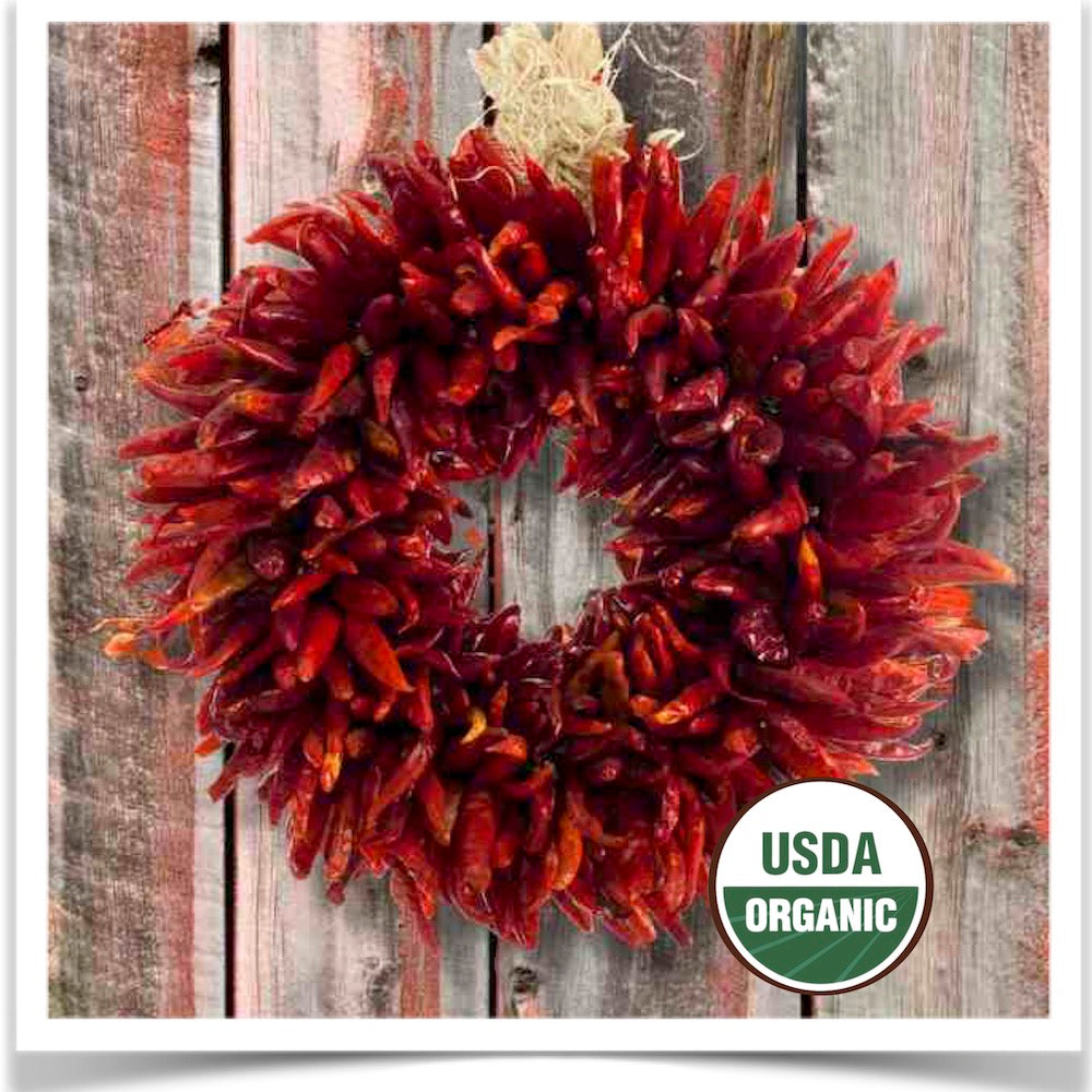 Calabrian Ristra dried pepper wreath at Prairie Road Organic Seed