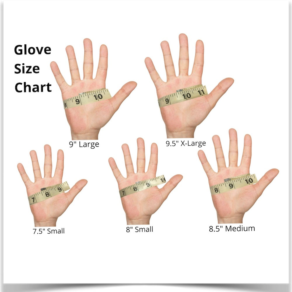 Glove size chart for X-Small through X-Large garden glove sizes at Prairie Road Organic Seed