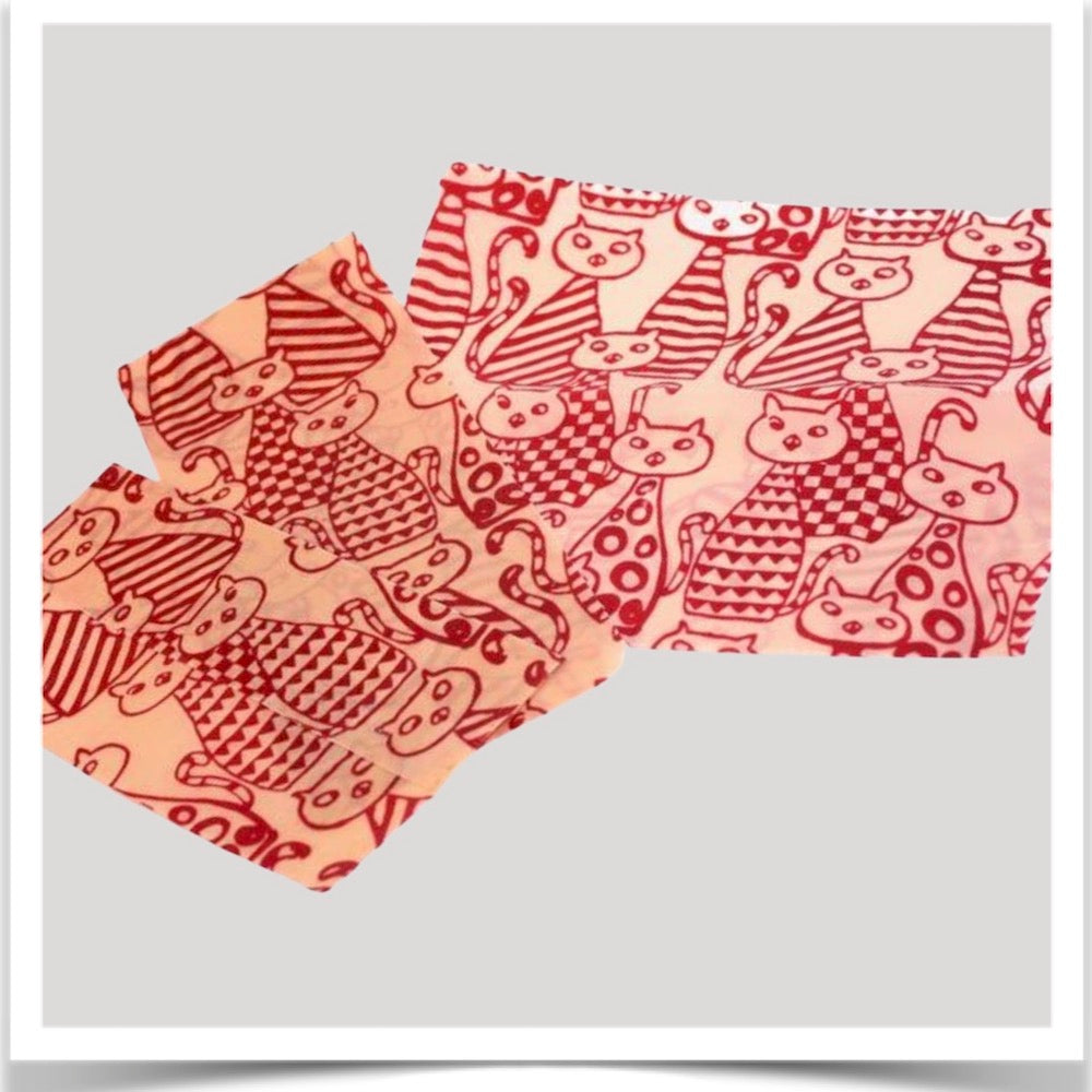 Wild wax wraps set of 3 sizes with red cats on parade pattern at Prairie Road Organic Seed