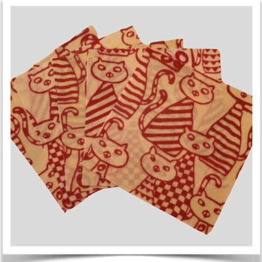 Wild Wax Wraps 5 piece set in red Cats on Parade pattern at Prairie Road Organic Seed