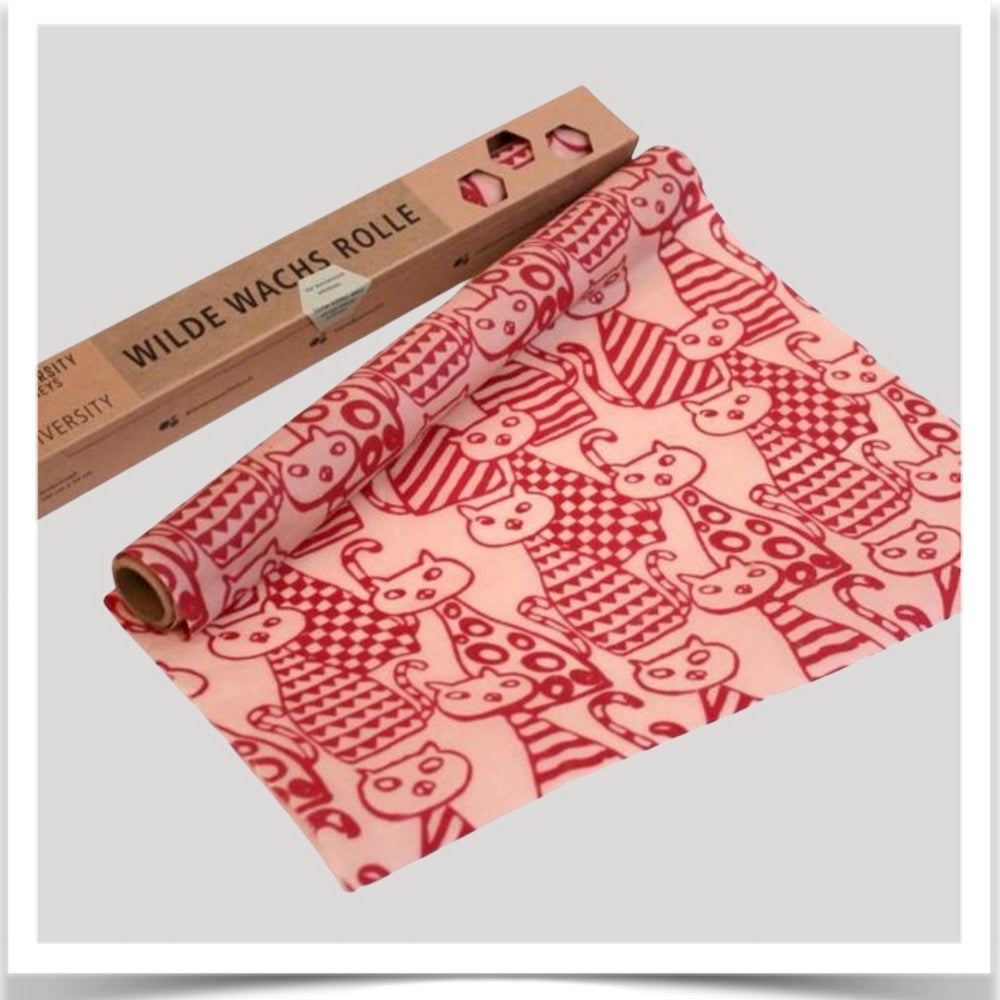Wild wax wraps roll in Cats on Parade red print at Prairie Road Organic Seed
