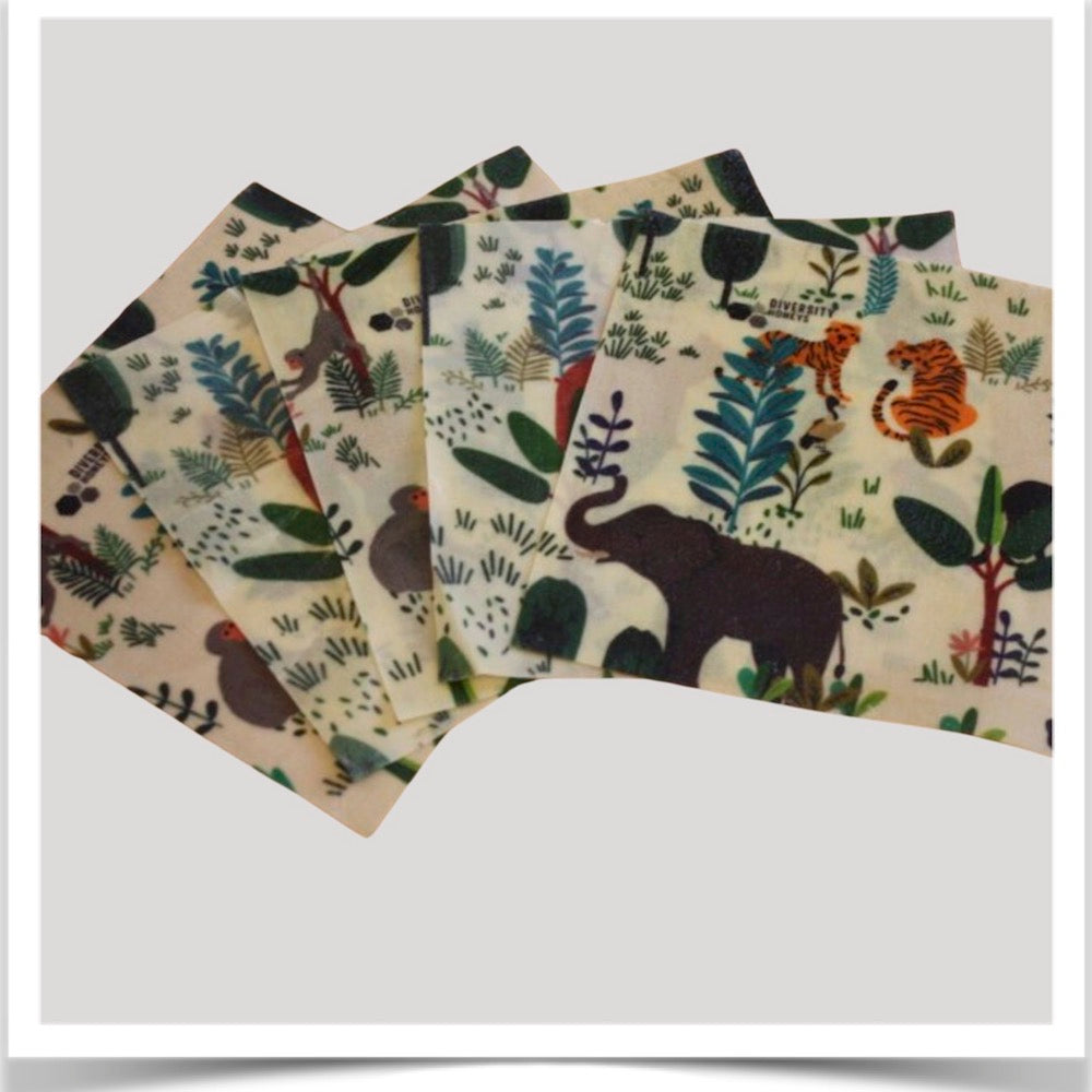 Wild Wax Wraps 5 piece set in the jungle book pattern at Prairie Road Organic Seed